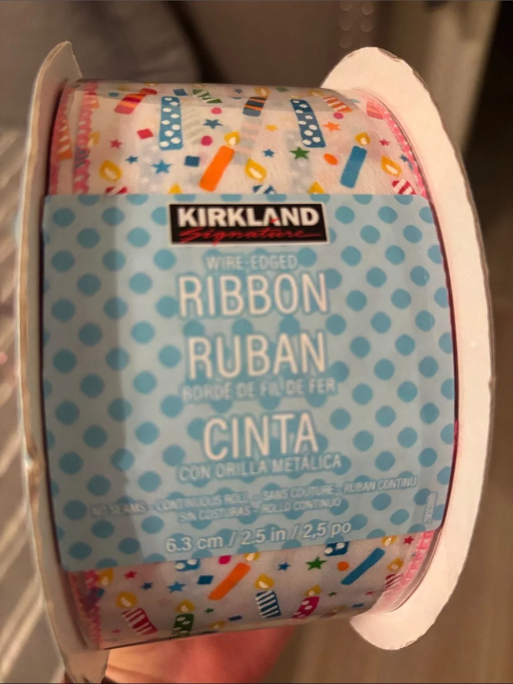 NEW Kirkland Sealed White Wired Ribbon with Multicolor candles. 2.5 in X 50 yrds